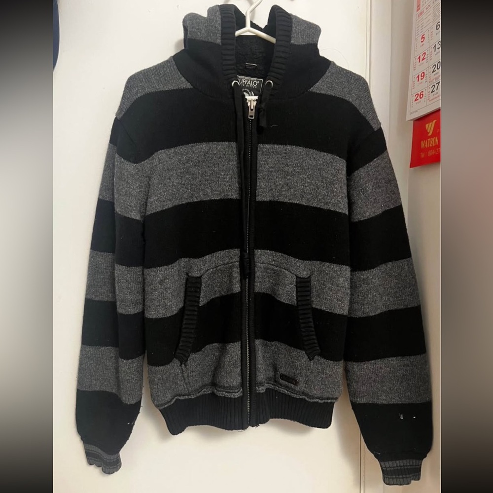 Buffalo David Bitton Black and Gray Striped Puffer Jacket